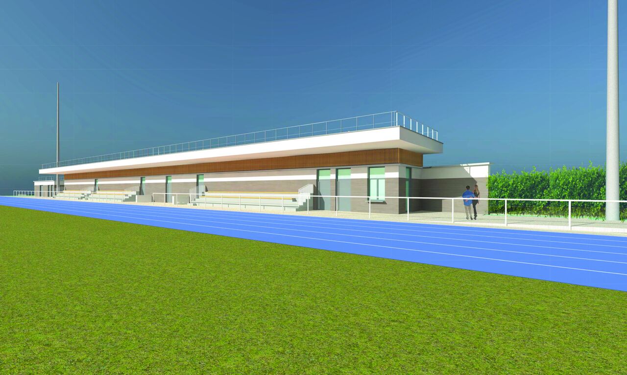 Vue architecturale de futur bâtiment et de la piste du stade Michaux
