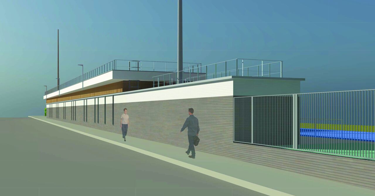 Vue architecturale de futur bâtiment et de la piste du stade Michaux